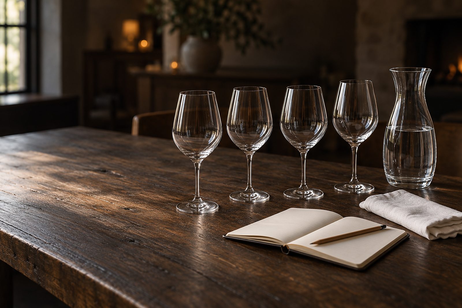 Ein langer Eichentisch, gedeckt für eine Weinprobe: vier leere Gläser, eine Wasserkaraffe, eine Leinenserviette und ein aufgeschlagenes Notizbuch mit Bleistift