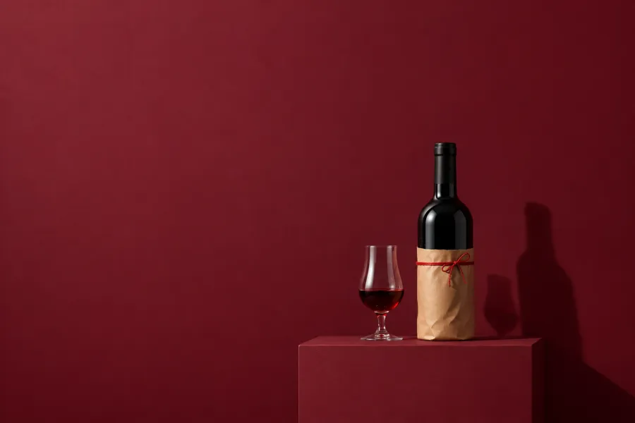 Eine Flasche Port in Packpapier mit rotem Band und ein Probierglas vor einer bordeauxroten Wand (KI-Illustration)