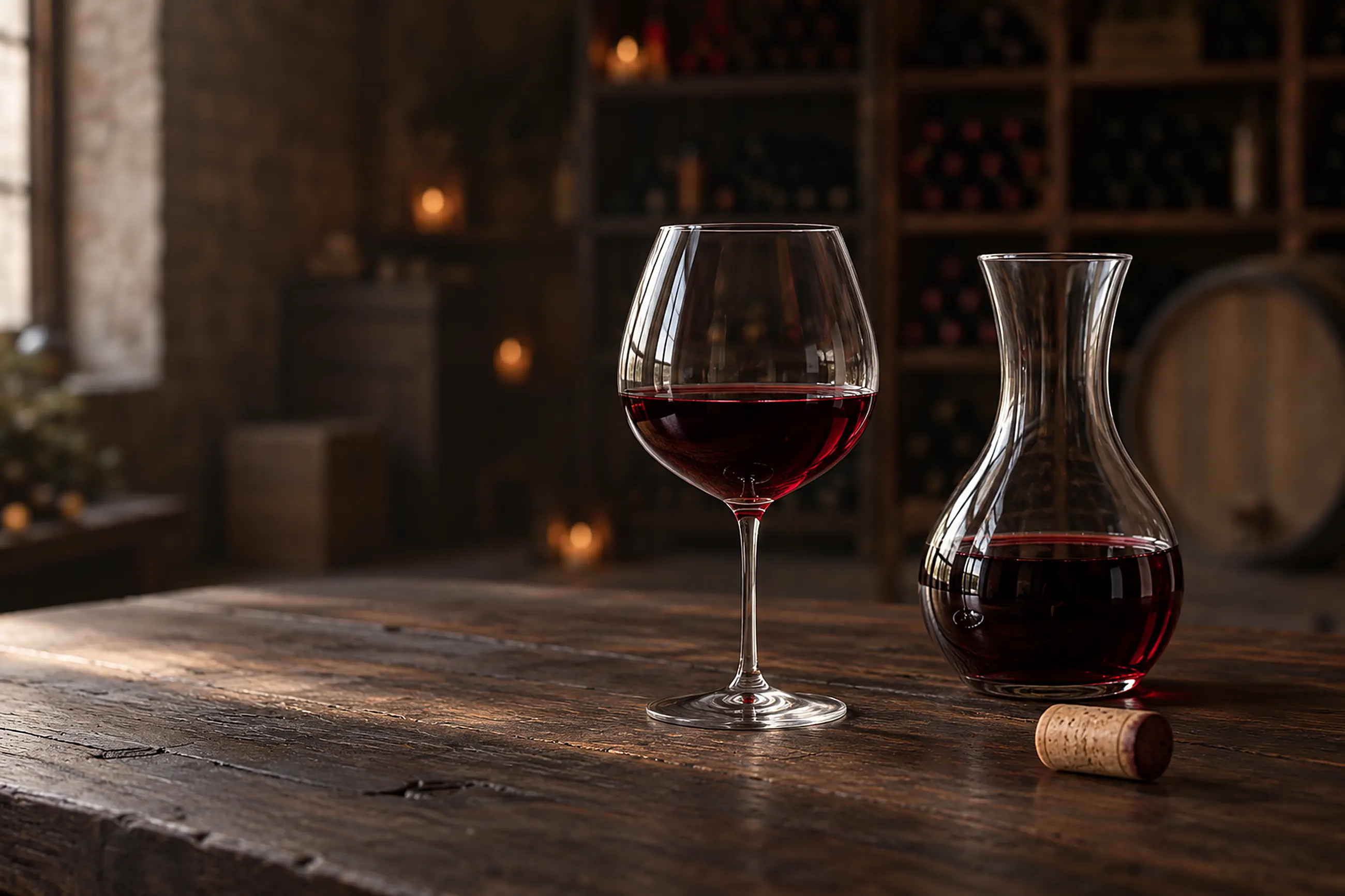 Ein Burgunderglas mit Rotwein und eine Karaffe auf dem Eichentisch, daneben ein Korken